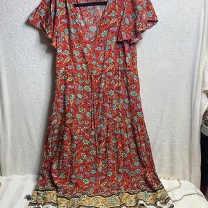 Floral Red Midi Dress with Flutter Sleeves